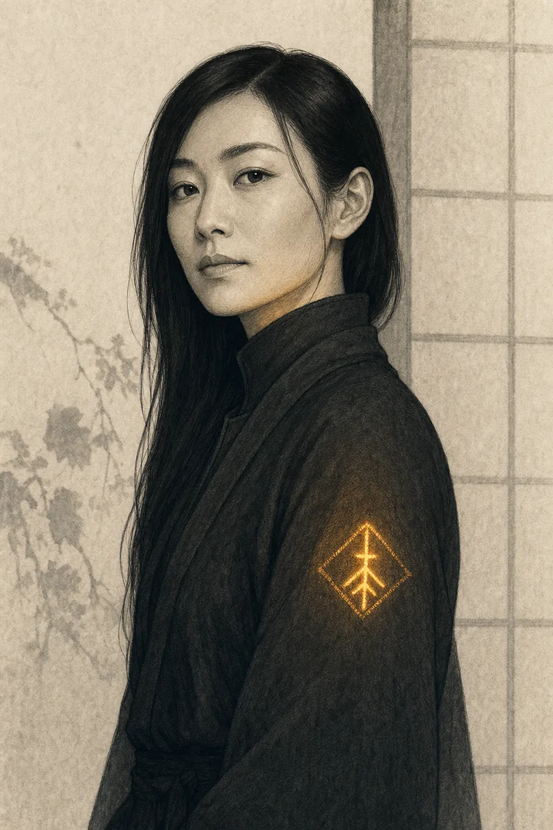 Illustrated portrait of Aiko, the Ink-and-Lacquer - a contained wizard in a charcoal robe with a single honey-amber rune on her sleeve