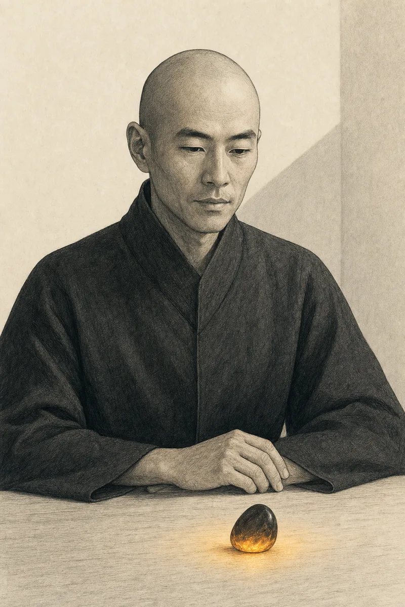 Illustrated portrait of Marcus, the Minimalist - a calm wizard in a charcoal robe at an almost-empty wooden table