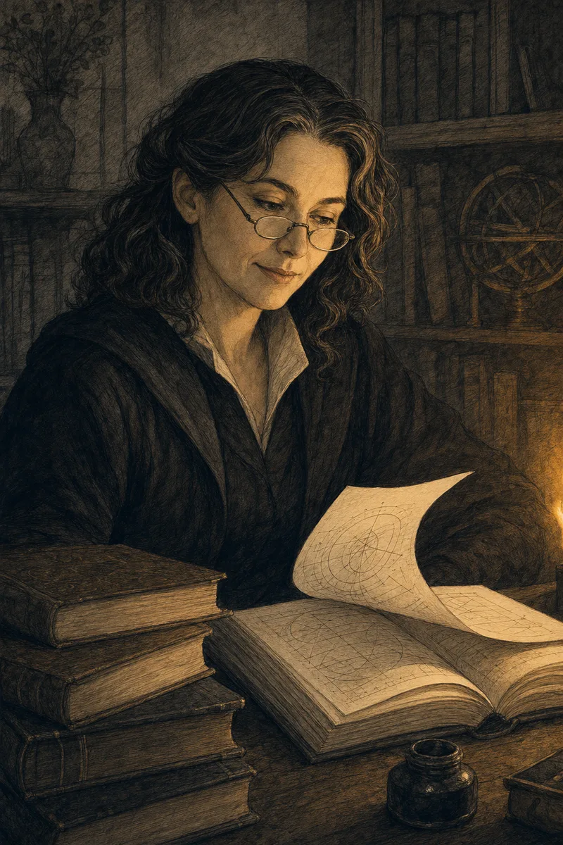 Illustrated portrait of Sarah, the Scholar - a wizard at a writing desk with stacked books and an open manuscript
