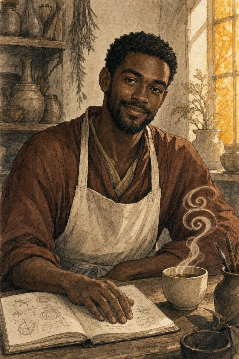 Illustrated portrait of Theo, the Hearth - a smiling wizard in a tobacco robe and cream apron, at a workshop table with a sketchbook and tea